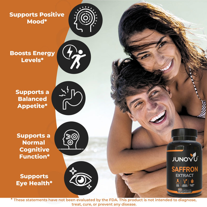 Load image into Gallery viewer, Saffron supplement benefits infographic - Supports mood, cognitive health, and metabolism naturally