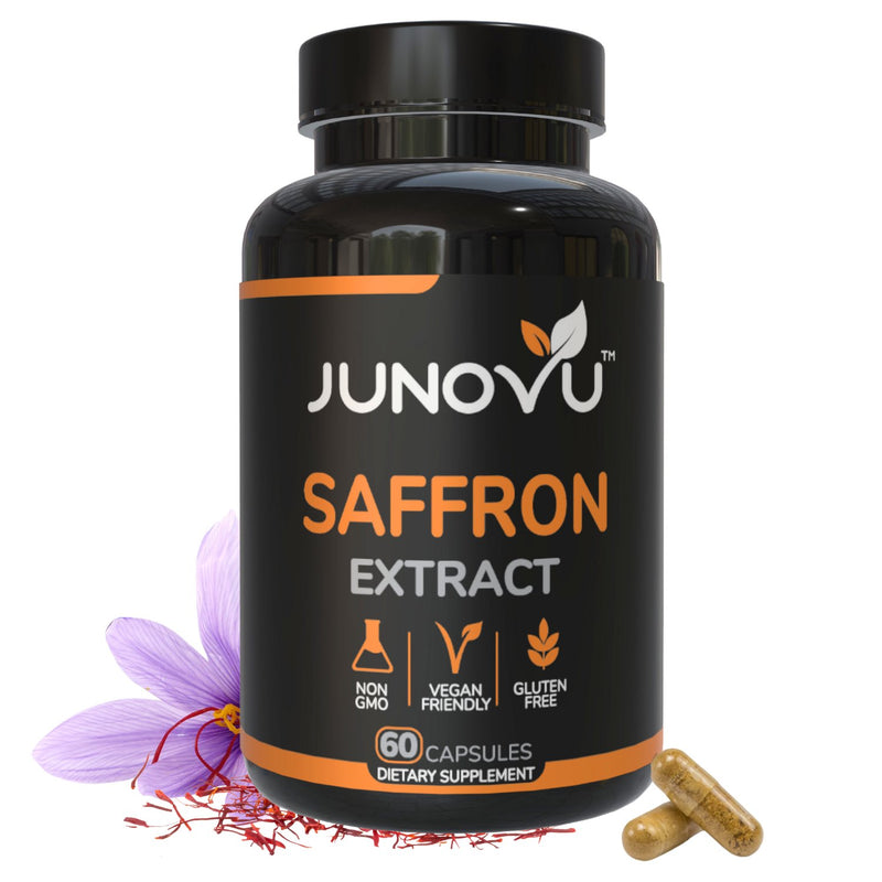 Load image into Gallery viewer, Junovu Premium Saffron Extract 88.5mg supplement bottle - 60 capsules for mood and cognitive support